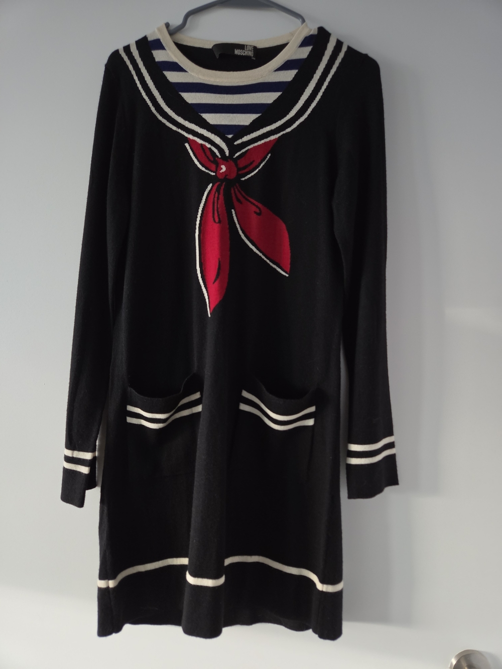 Love Moschino Navy, Cream & Black Striped Knit Sweater with Red Detail